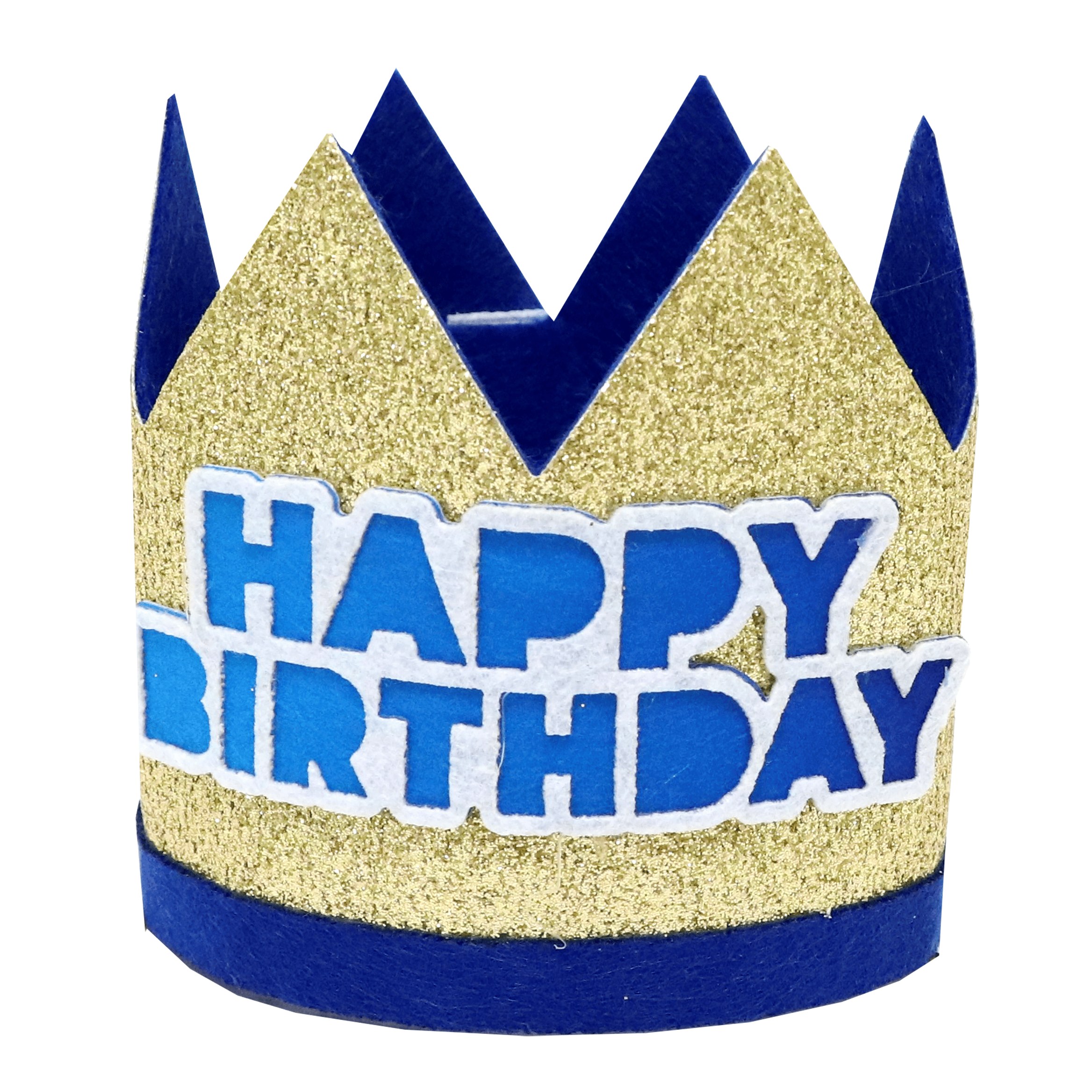 Blue felt birthday crown by Pictura, festive party hat with a pointed design and decorative elements for celebration.